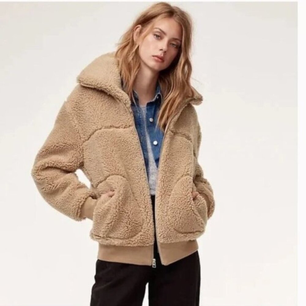 Aritzia Wilfred Teddy Jacket‎ Fleece Sherpa Bomber Coat Warm Cozy Pocket Zip Tan